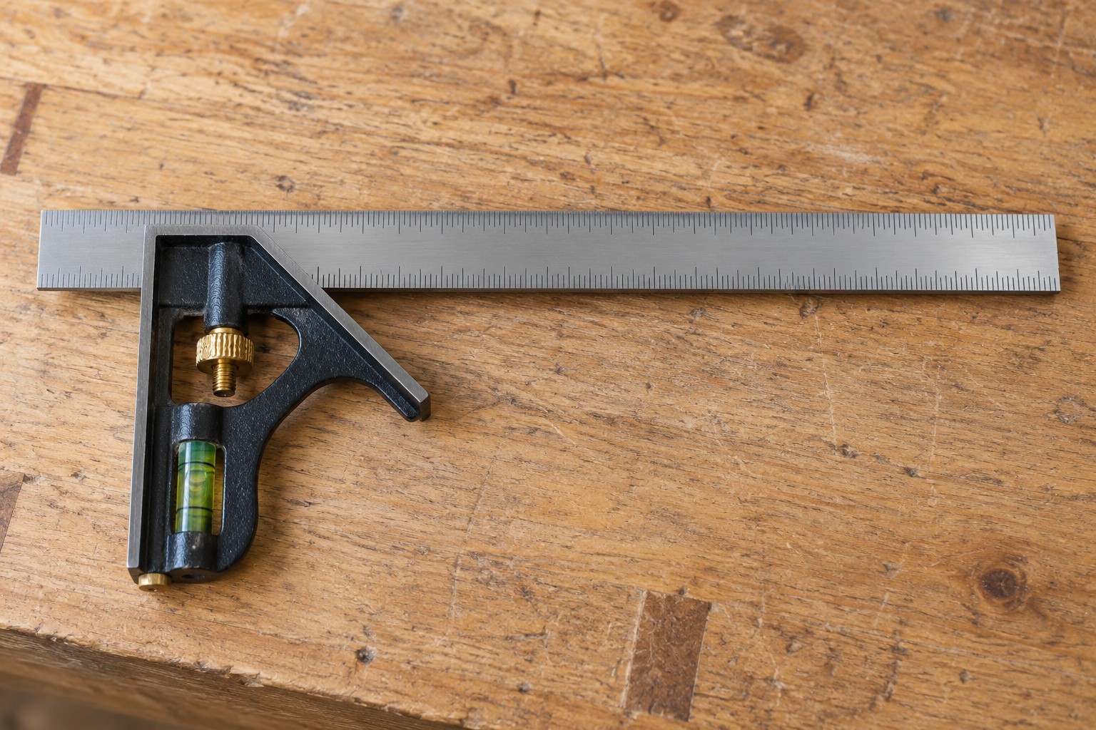 Illustrative AI image: Combination square with a steel rule, sliding head and locking knob