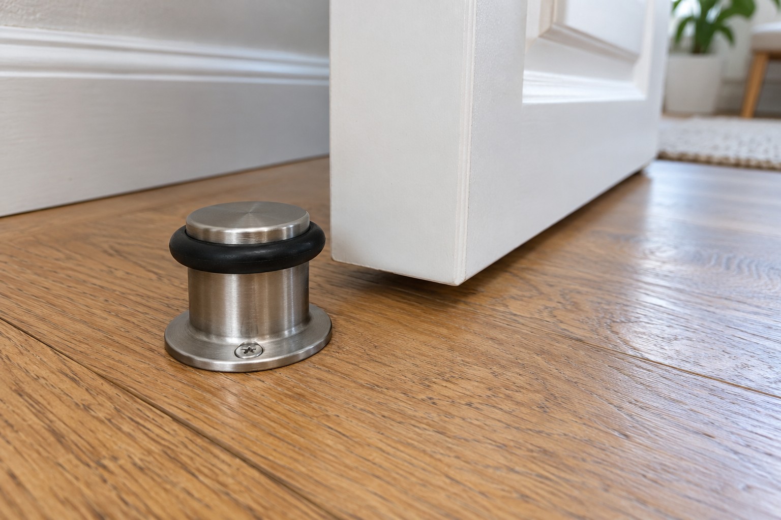 Illustrative AI image: Floor-mounted doorstop with a black rubber bumper beside an interior door