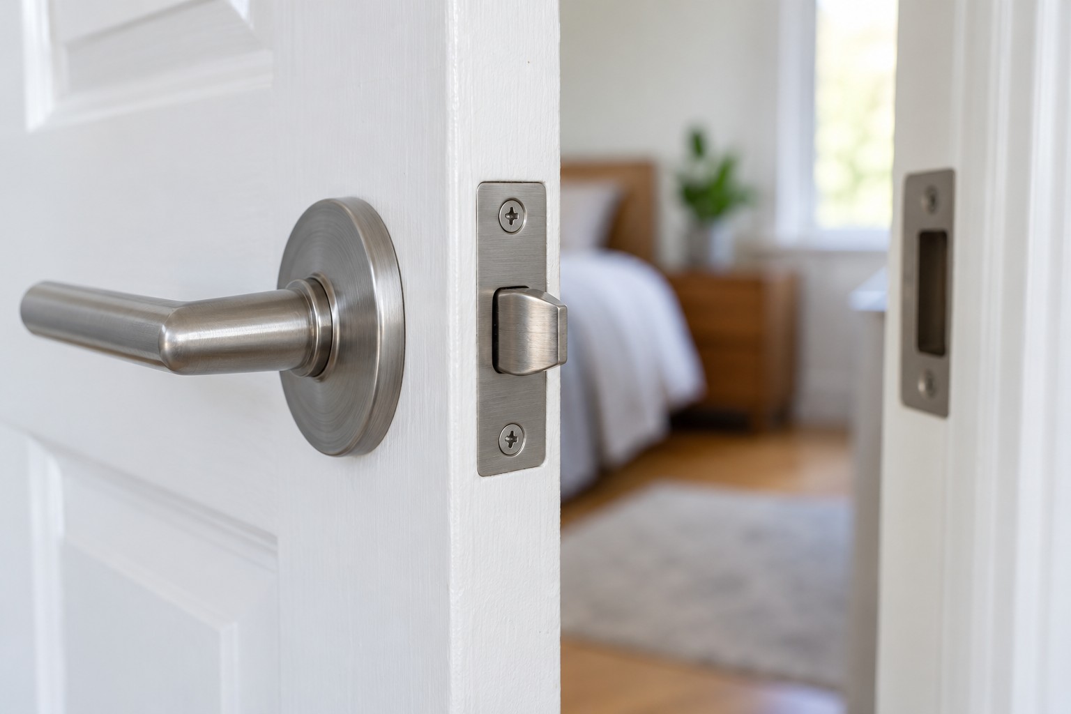 Illustrative AI image: Latch tongue and metal faceplate on the edge of an interior door