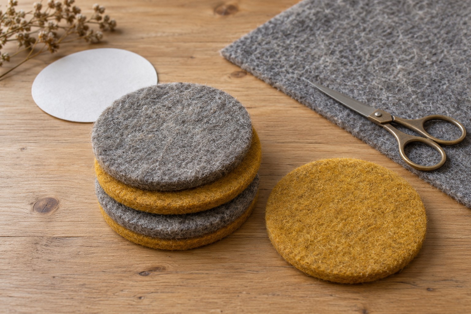 Illustrative AI image: Wool-felt coasters, a felt sheet, scissors and a paper circle template