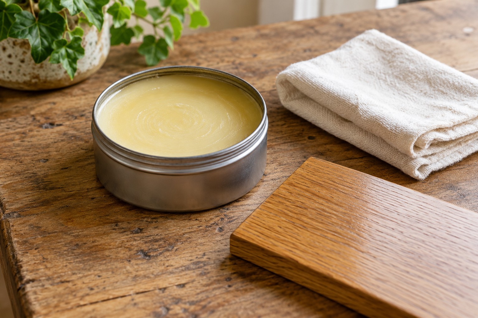 Illustrative AI image: Tin of furniture paste wax with a cloth and wood sample