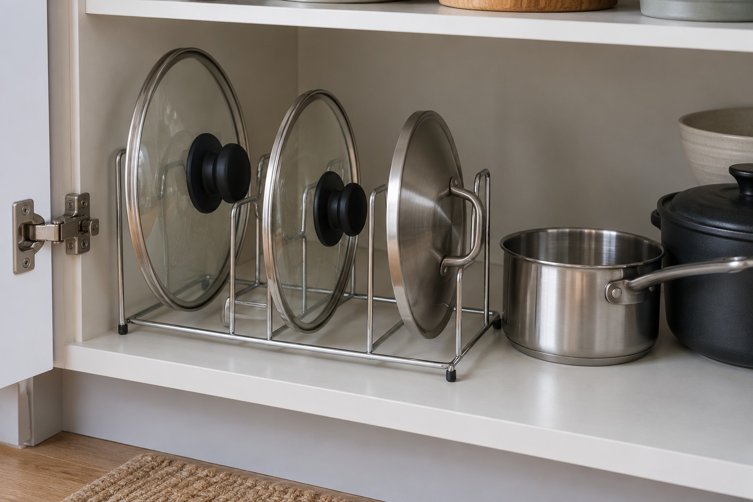 Illustrative AI image of saucepan lids stored upright in a cupboard divider