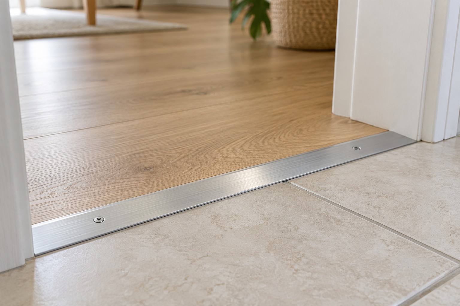 Illustrative AI image: Metal threshold strip between two interior floor finishes