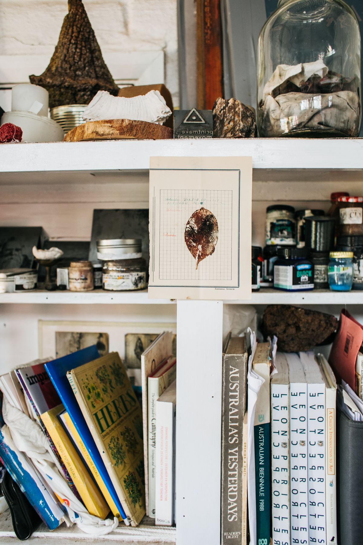 Books and objects supported on open shelves