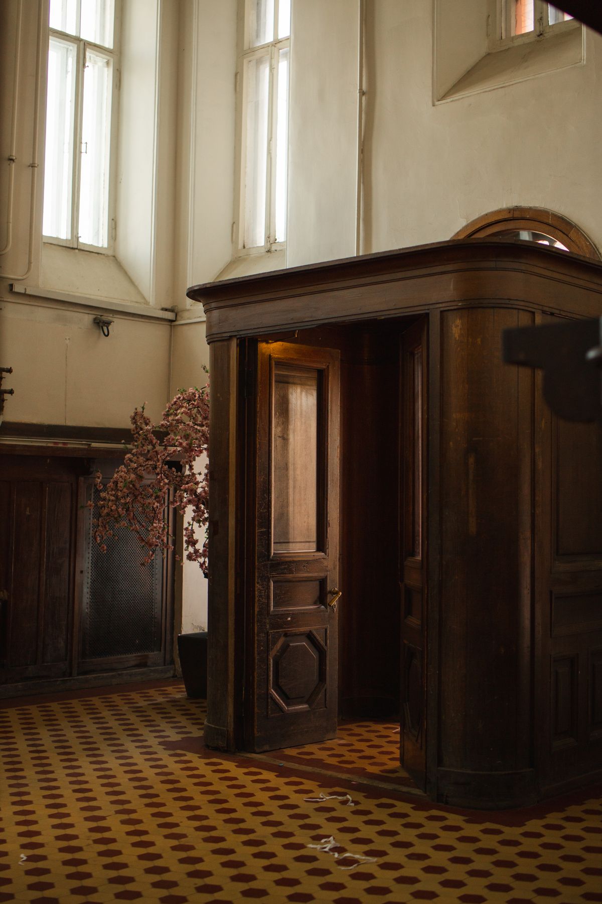 An internal wooden door standing open